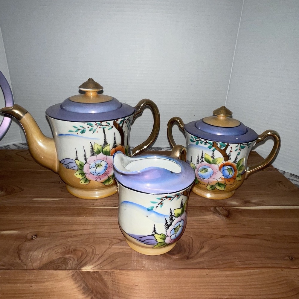 26 Piece+ Japan Peach, Purple Gold Floral Hand Painted Lusterware Set Vintage